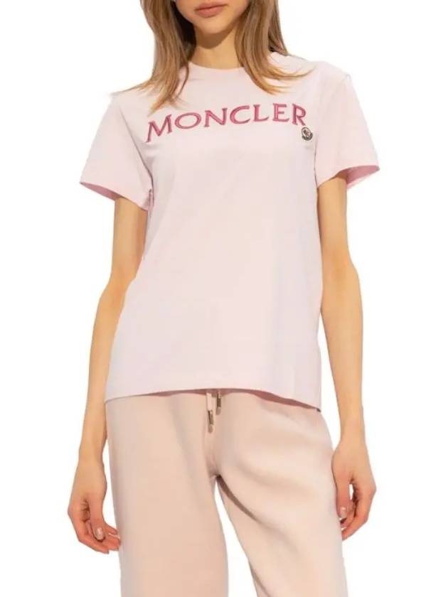 Women s Lettering Embroidery Logo Short Sleeve T Shirt Pink 8C00006 829HP 50B - MONCLER - BALAAN 2