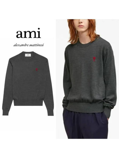 Heart Embroidered Logo Crew Neck Knit Top Heather Grey - AMI - BALAAN 2