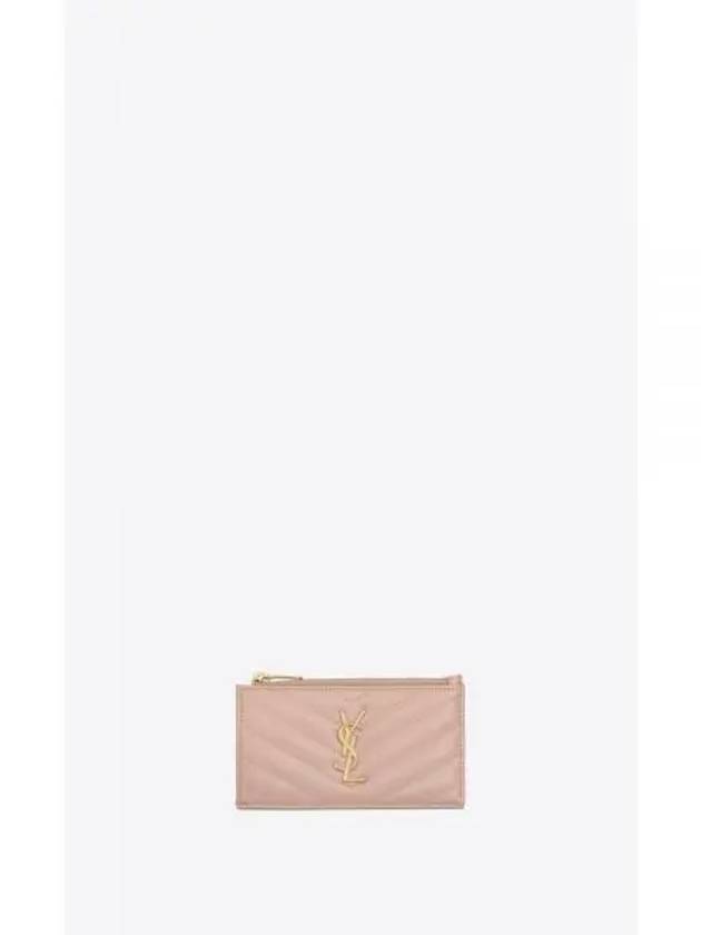 YSL Card Wallet Grande Poudre Embossed Leather Cassandra Matelasse Fragment Zipper Card Wallet Case PALE Pink 607915BOW016920 - SAINT LAURENT - BALAAN 1