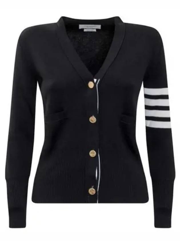 Milano Stitch 4 Bar Classic V Neck Fine Merino Wool Cardigan Navy - THOM BROWNE - BALAAN 2