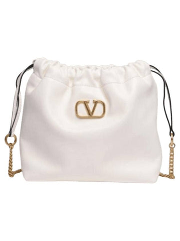 V Logo Signature Leather Bucket Bag White - VALENTINO - BALAAN 1