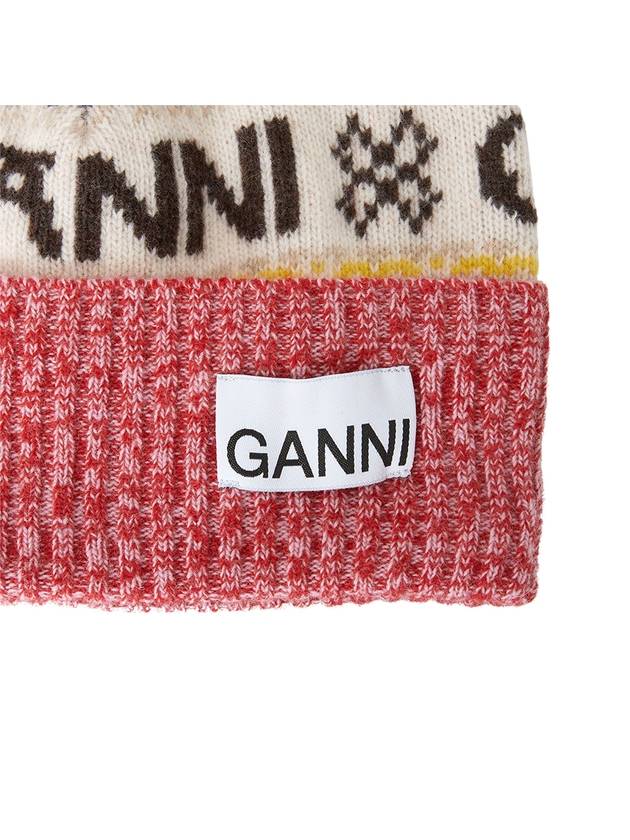 Logo Graphic Intarsia Knit Beanie Red - GANNI - BALAAN 5