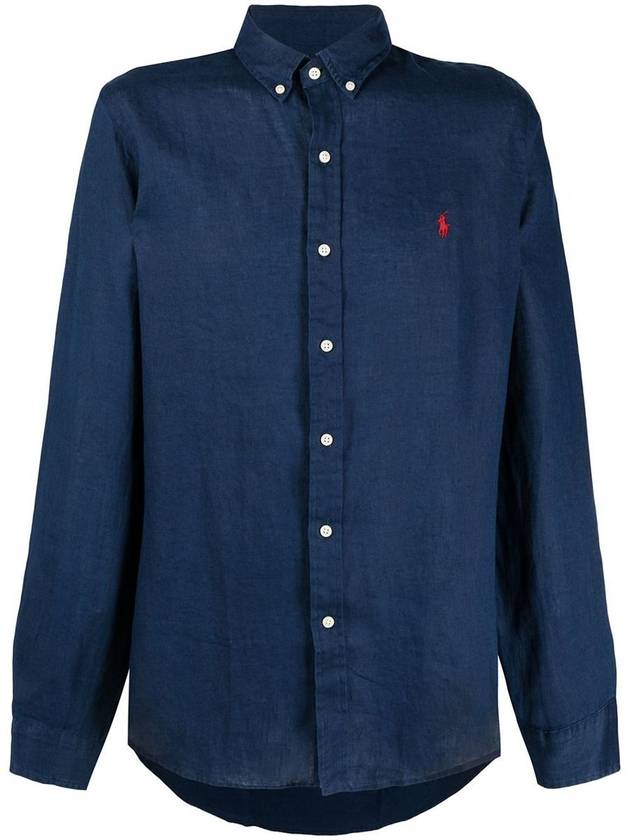 Embroidered Pony Linen Long Sleeve Shirt Navy - POLO RALPH LAUREN - BALAAN 2