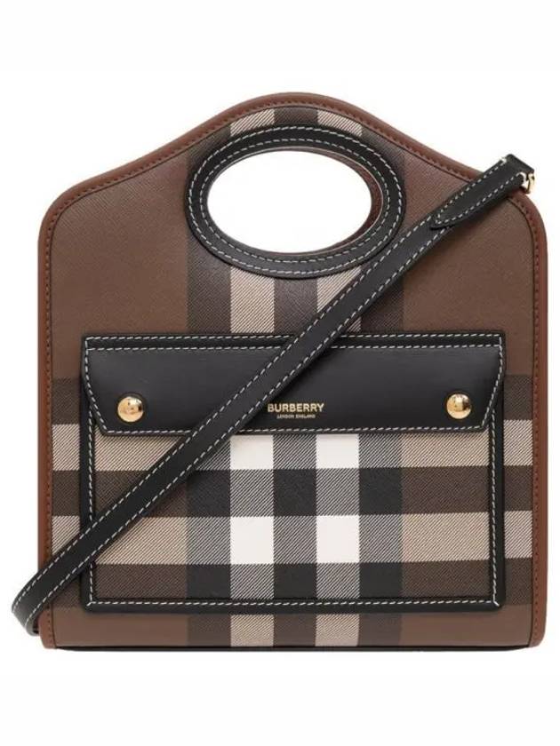 Mini Pocket Checked Leather Tote Bag Dark Burch Brown - BURBERRY - BALAAN 2