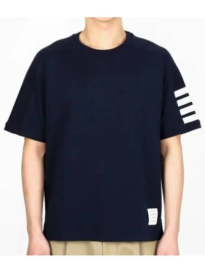 4-Bar Striped Cotton Short Sleeve T-Shirt Navy - THOM BROWNE - BALAAN 2