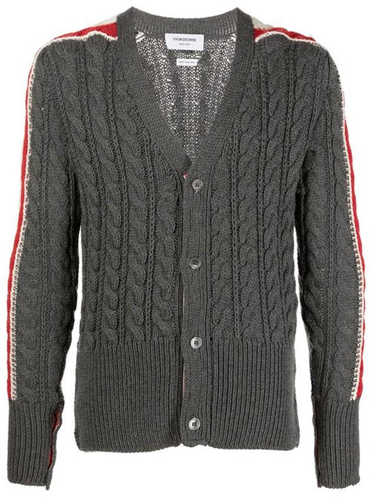 striped crew cable knit cardigan gray - THOM BROWNE - BALAAN.