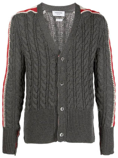 Striped Crew Cable Knit Cardigan Grey - THOM BROWNE - BALAAN 1