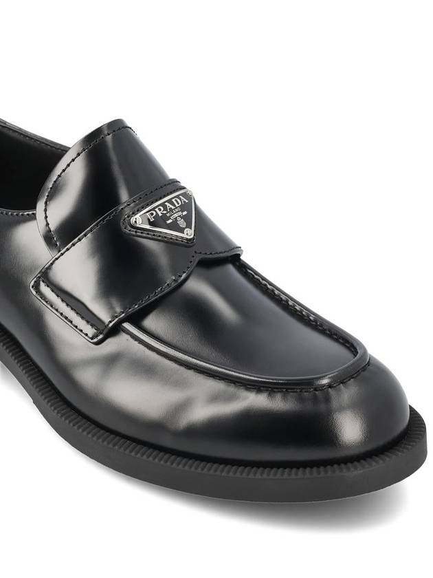 Triangular logo brushed leather loafers black - PRADA - BALAAN 5