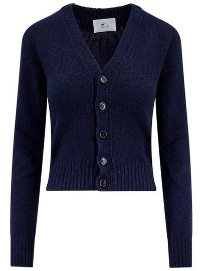 Embroidered Heart Logo Cashmere Cardigan Navy - AMI - BALAAN 2