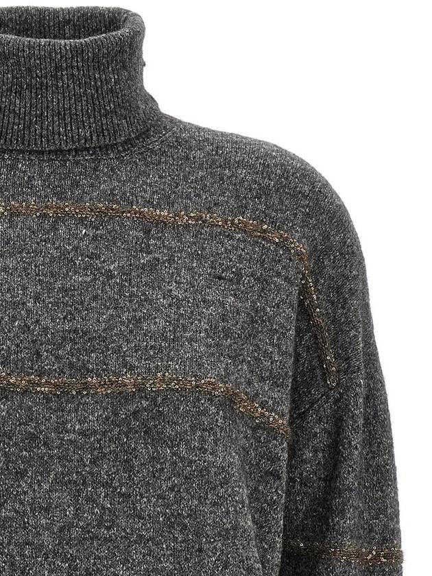 Grey High Neck Sweater With Stripe Motif In Alpaca Blend Woman - BRUNELLO CUCINELLI - BALAAN 3