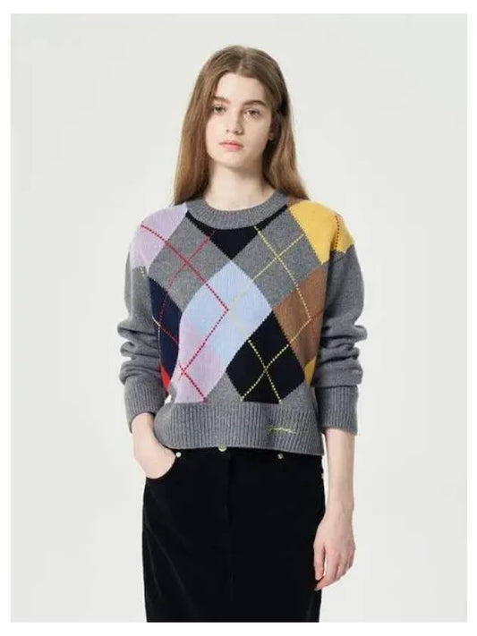 Harlequin wool mix oversized round neck pullover gray domestic product GM0023112440393 - GANNI - BALAAN 1