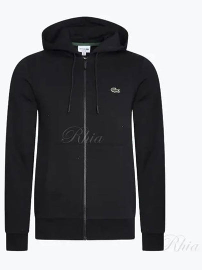 Embroidery Logo Kangaroo Pocket Fleece Zip Up Hoodie Black - LACOSTE - BALAAN 2