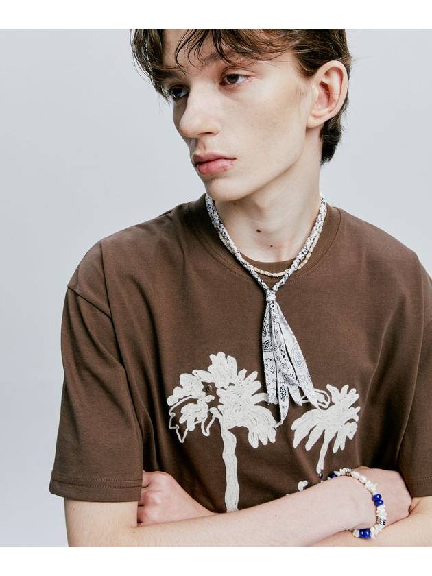 Palm Tree Eyelet Chain Embroidery T Shirt Brown - S SY - BALAAN 4