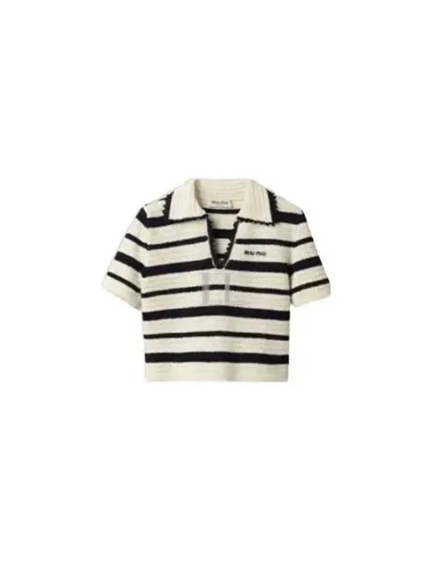 Logo Open Collar Striped Short Sleeve Knit Top White Blue - MIU MIU - BALAAN 2