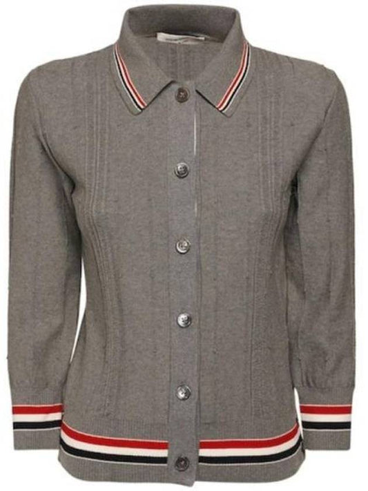 High Twist Cotton Stripe Polo Cardigan Grey - THOM BROWNE - BALAAN 1