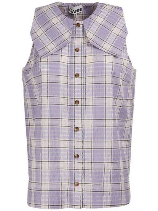 Women's Check Sleeveless Seersucker Sleeveless Shirt Top F7075 - GANNI - BALAAN 1