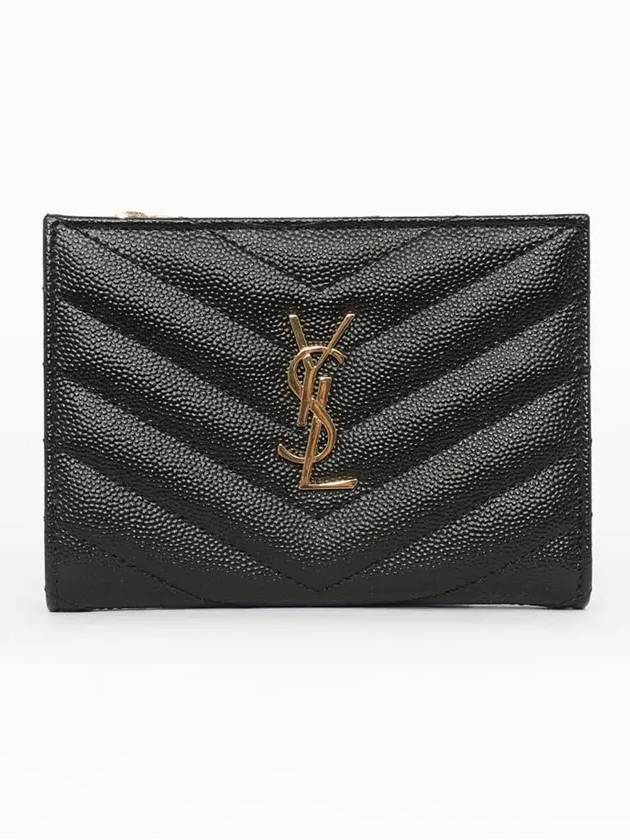 Grain Leather Quilted Stitch Card Wallet Black - SAINT LAURENT - BALAAN 4