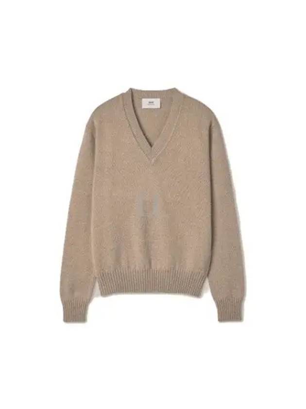 Men's Heart Logo V-Neck Cashmere Knit Top Beige - AMI - BALAAN 2