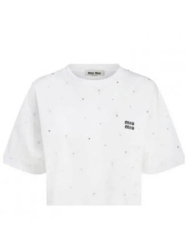 Embroidered Logo Crop Cotton Short Sleeved T-shirt White - MIU MIU - BALAAN 2