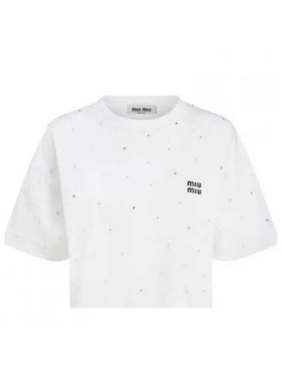 Embroidered Logo Crop Cotton Short Sleeved T-shirt White - MIU MIU - BALAAN 2