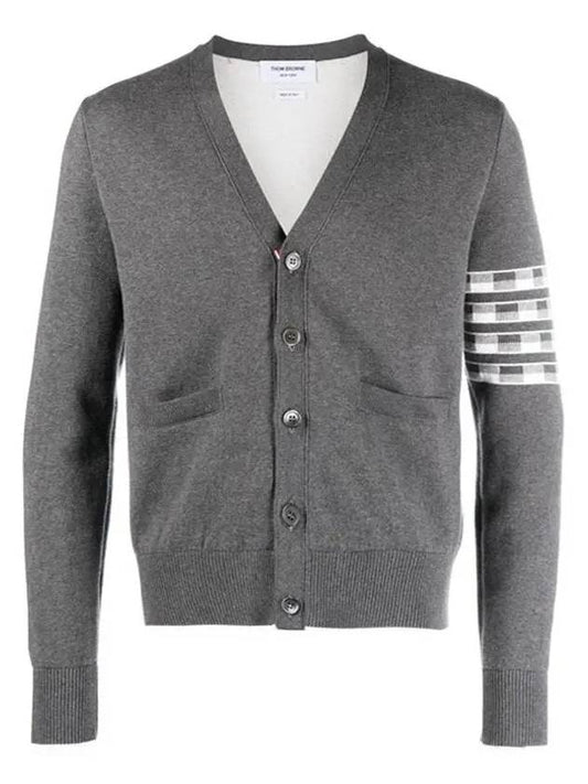 4-Bar V-Neck Hector Jacquard Cotton Cardigan Grey - THOM BROWNE - BALAAN 2