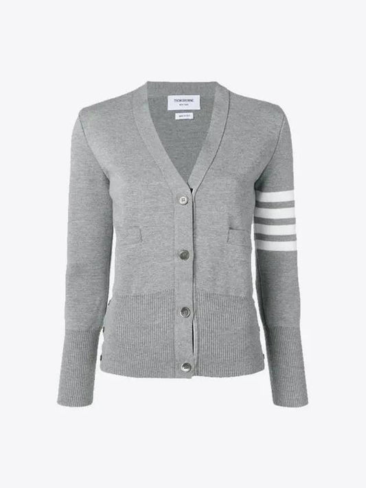 Milano Stitch 4 Bar Classic V Neck Fine Merino Wool Cardigan Medium Grey - THOM BROWNE - BALAAN 2