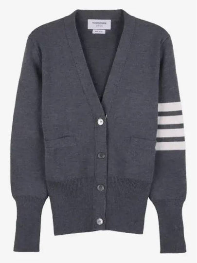 Milano Stitch 4 Bar Classic V Neck Fine Merino Wool Cardigan Medium Grey - THOM BROWNE - BALAAN 2