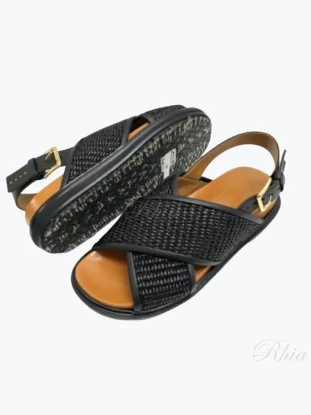 Leather Raffia Effect Fabric Fussbett Sandals Black - MARNI - BALAAN 2