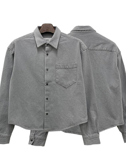 Embossed Logo Javell Washed Boxy Fit Denim Long Sleeve Shirt Grey - AMI - BALAAN 2