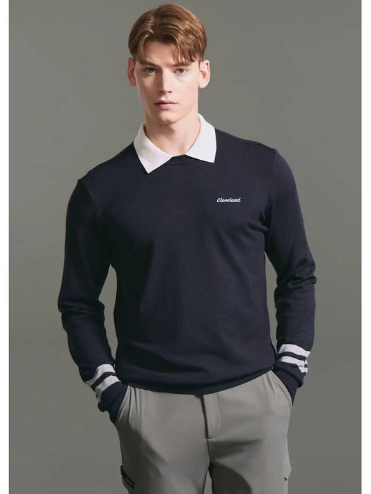 Men s sleeve color combination high stretch collar combined knit pullover navy - CLEVELAND GOLF - BALAAN 1