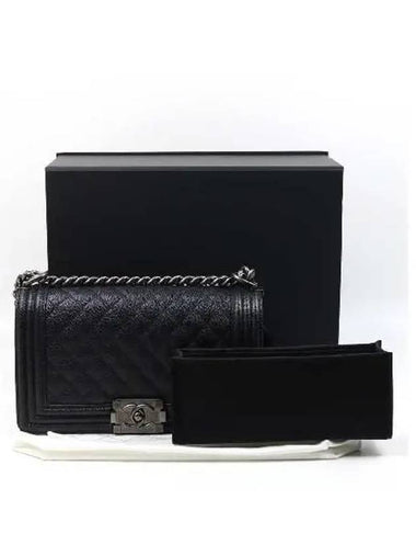 A67086 Black Caviar Skin Boy Medium Silver Chain Shoulder Bag - CHANEL - BALAAN 1