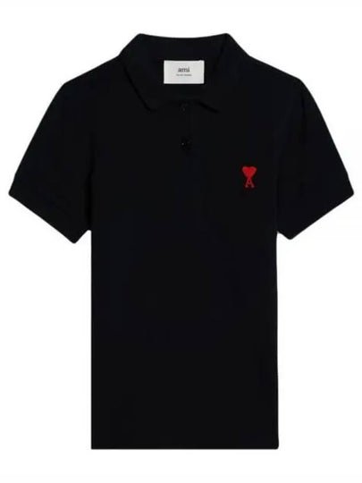 Embroidered Heart Logo Short Sleeve Polo Shirt Black - AMI - BALAAN 2