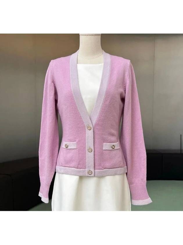 CC logo button basic pink knit cashmere cardigan - CHANEL - BALAAN 3