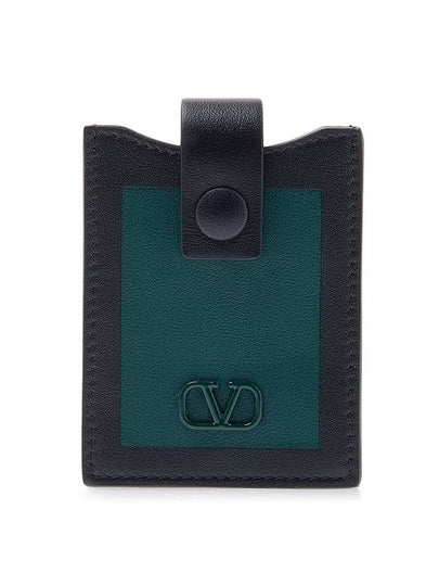 V Logo Signature Leather Card Wallet Black Green - VALENTINO - BALAAN 2