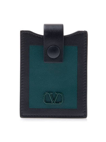 V Logo Signature Leather Card Wallet Black Green - VALENTINO - BALAAN 1