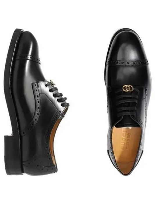 Gold Interlocking G Lace-Up Leather Brogues Black - GUCCI - BALAAN 2