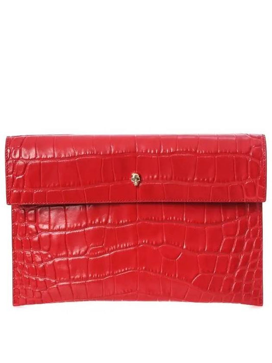 Gold Skull Envelope Crocodile Leather Clutch Bag Red - ALEXANDER MCQUEEN - BALAAN 2