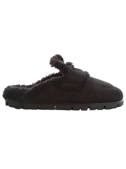 Women's Triangle Logo Shearling Lining Slippers Black - PRADA - BALAAN 2