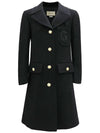 Women's Double G Embroidery Wool Single Coat Black - GUCCI - BALAAN.