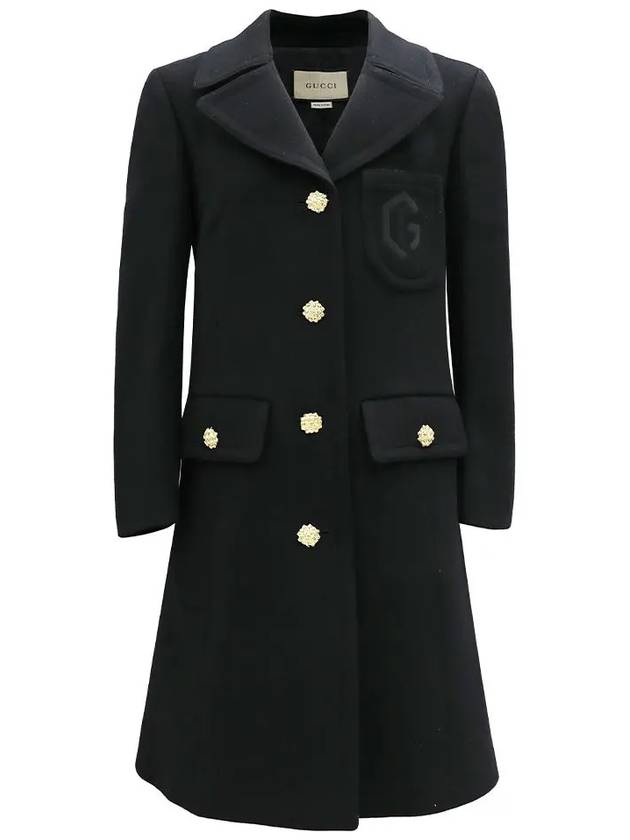 Women's Double G Embroidery Wool Single Coat Black - GUCCI - BALAAN.