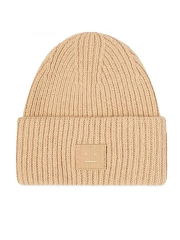 Face Patch Ribbed Wool Beanie Biscuit Beige - ACNE STUDIOS - BALAAN 1