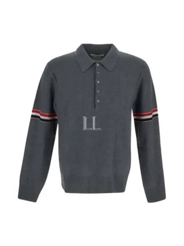 Striped Virgin Wool Long Sleeve Polo Shirt Grey - THOM BROWNE - BALAAN 2