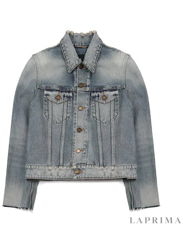 Women's Destroyed Rodeo Stonewash Cutting Short Denim Jacket Blue - SAINT LAURENT - BALAAN 9