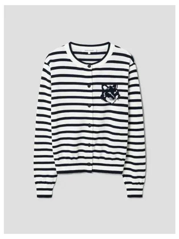 Women s Foxhead Intarsia Crop Stripe Striped Spring Fall Cardigan Deep Navy Off White Domestic Product - MAISON KITSUNE - BALAAN 1