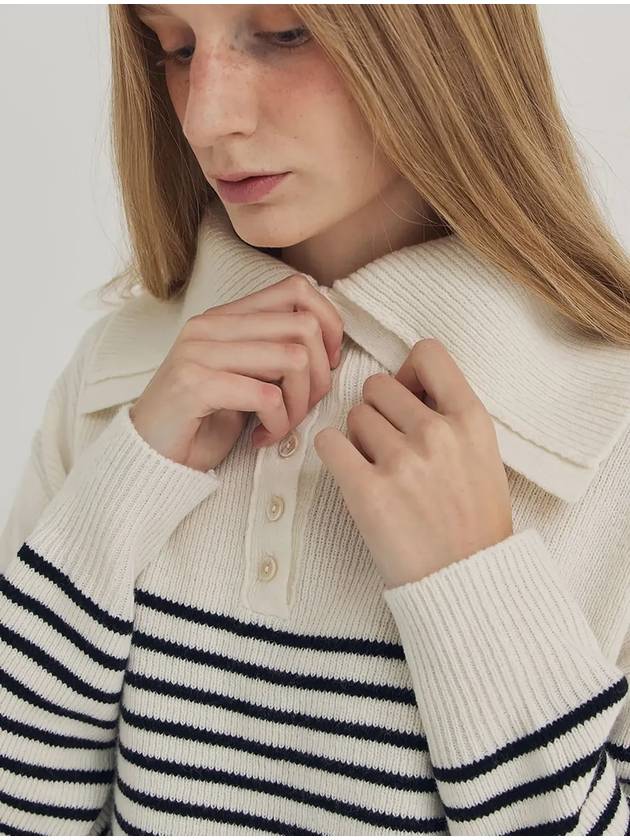 Open Collar Knit Top Ivory Stripe - LESEIZIEME - BALAAN 6