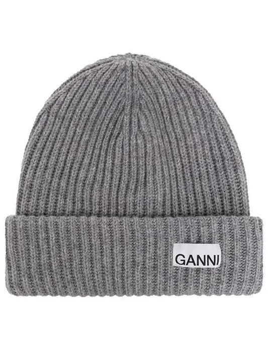 Logo Patch Knit Beanie Grey - GANNI - BALAAN 2