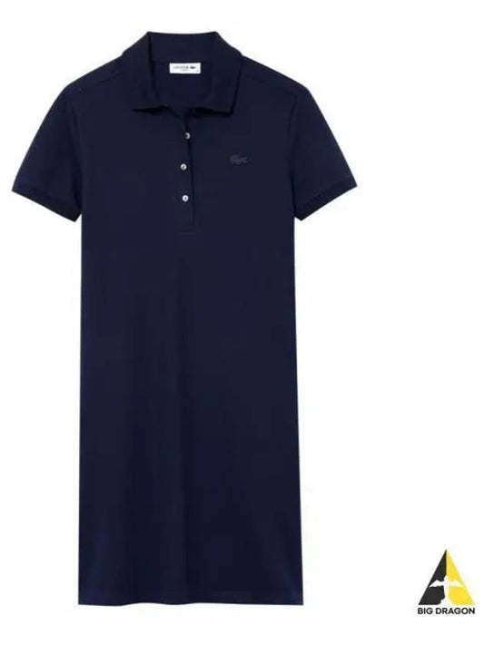 Women's Slim Fit Stretch Cotton Pique Polo Short Dress Navy - LACOSTE - BALAAN 2