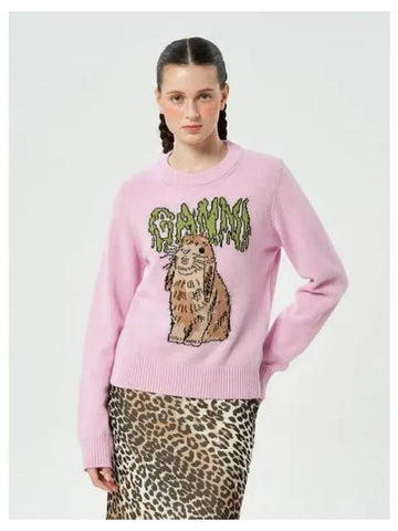 Graphic Wool Mix Bunny Crew Neck Chalk Pink Domestic Product GM0024082114667 - GANNI - BALAAN 1