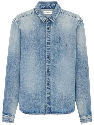 Men's Cassandre Logo Denim Long Sleeve Shirt Blue - SAINT LAURENT - BALAAN 1