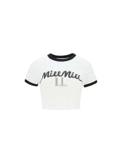 Logo Print Cropped Short Sleeve T-Shirt Black White - MIU MIU - BALAAN 2